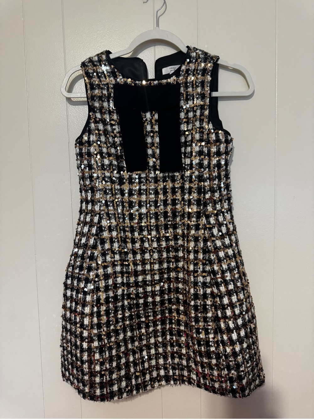 Girls' Black & Gold Tweed Formal Dress with Bow